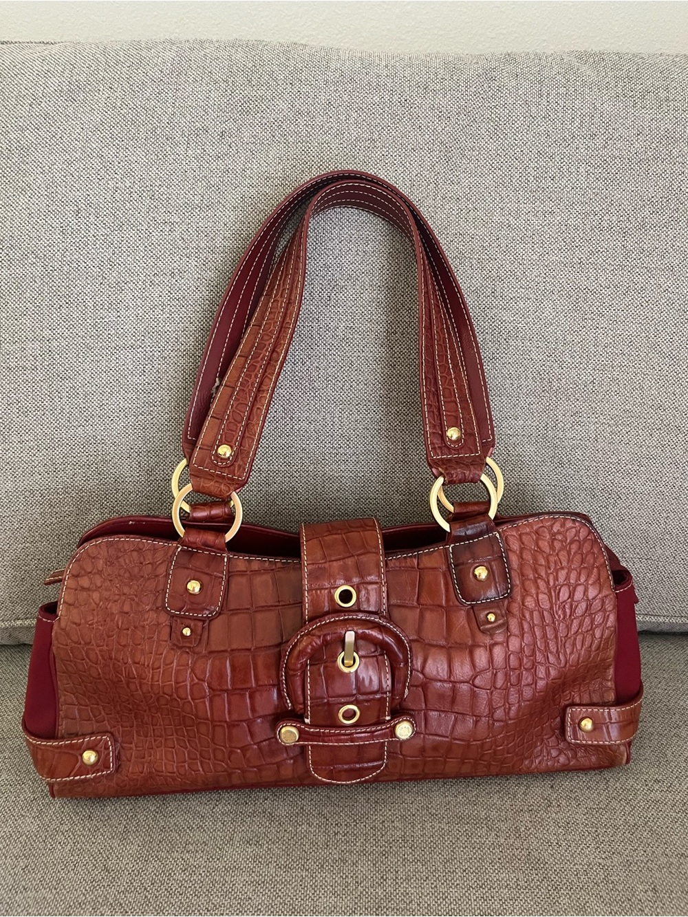 Brown Burgundy Y2K Croc-Embossed Shoulder Bag with Large Buckle - Women Bags
